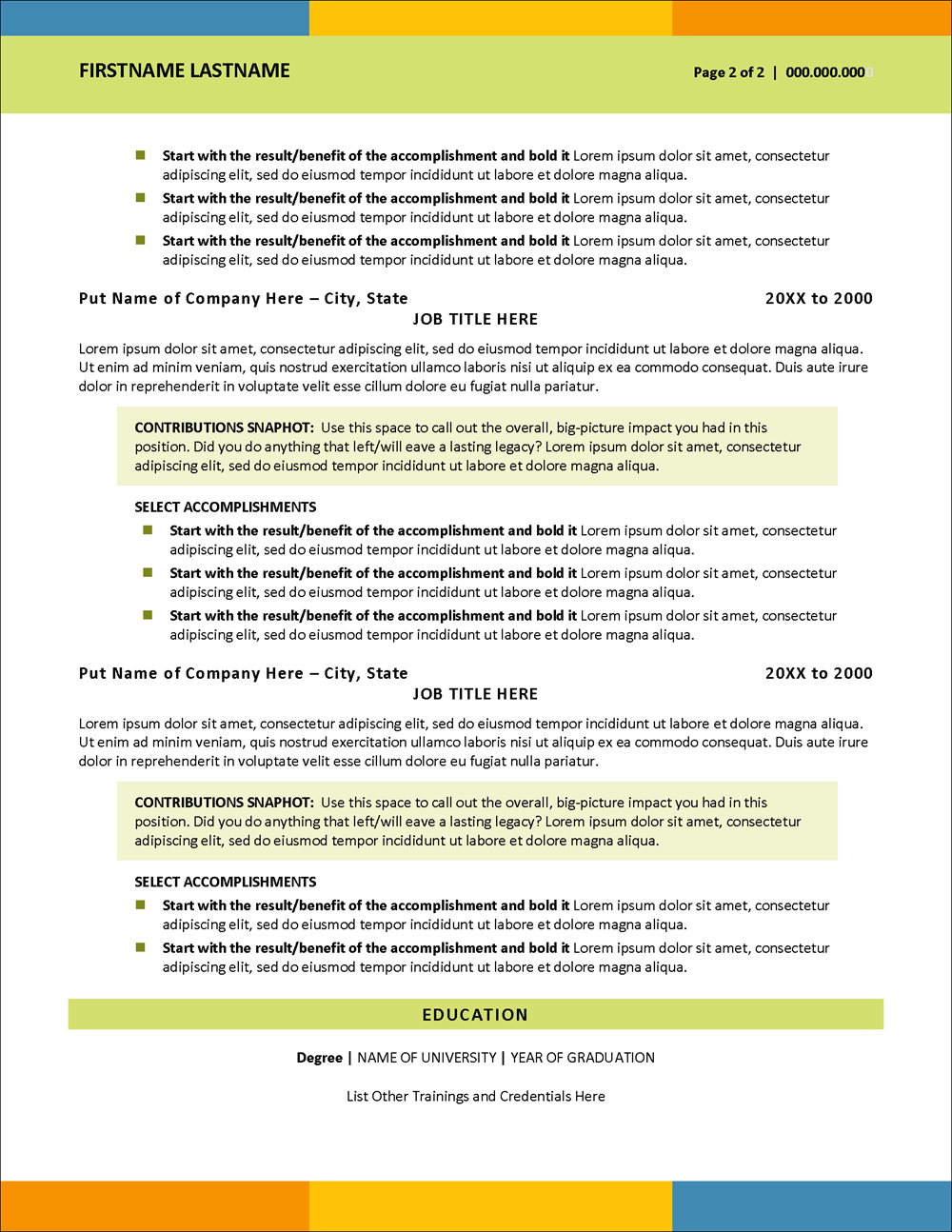 Bright Ambitions Contemporary Resume Template Page 2
