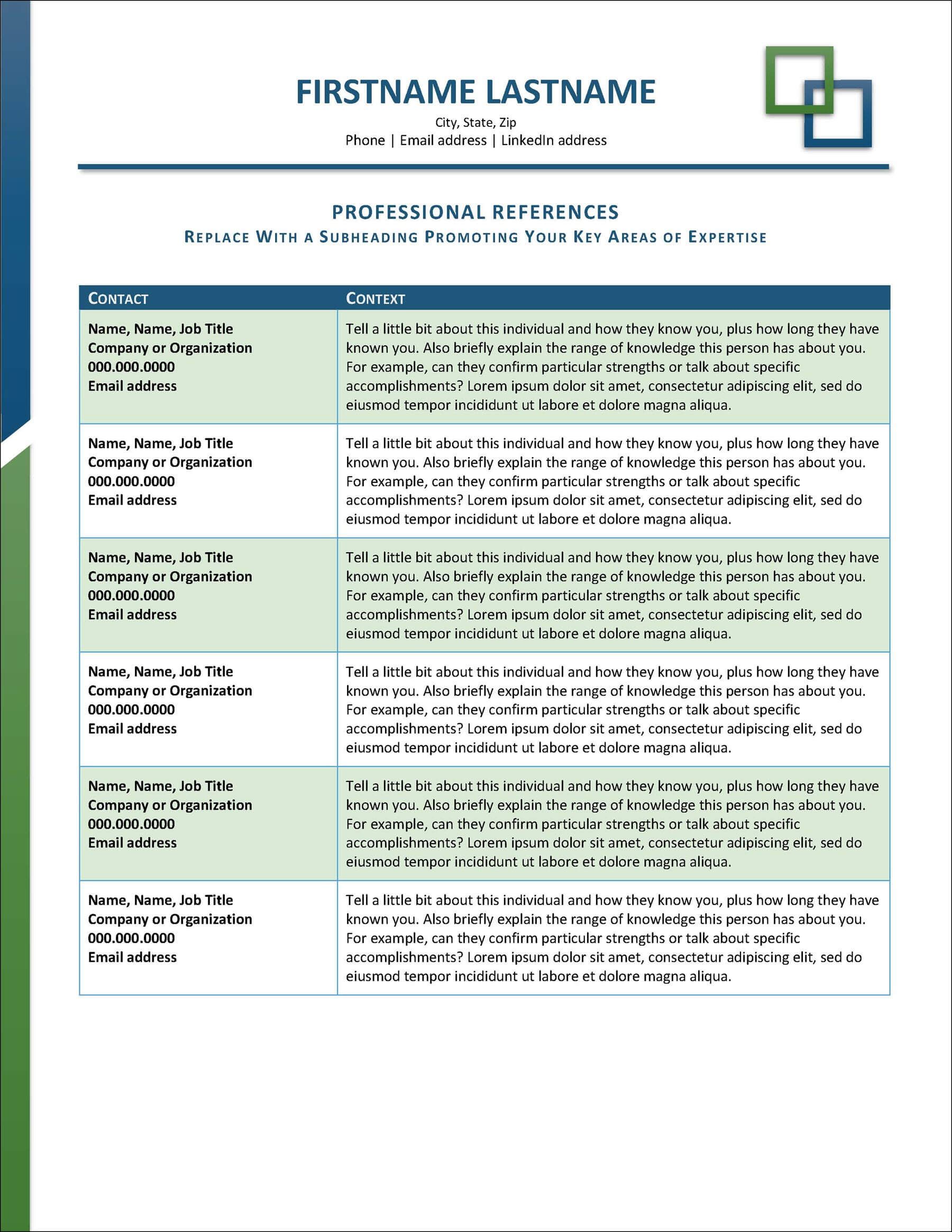 Professional References Sheet