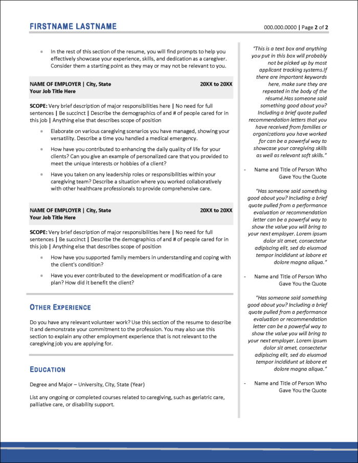 Caregiver Resume Page 2